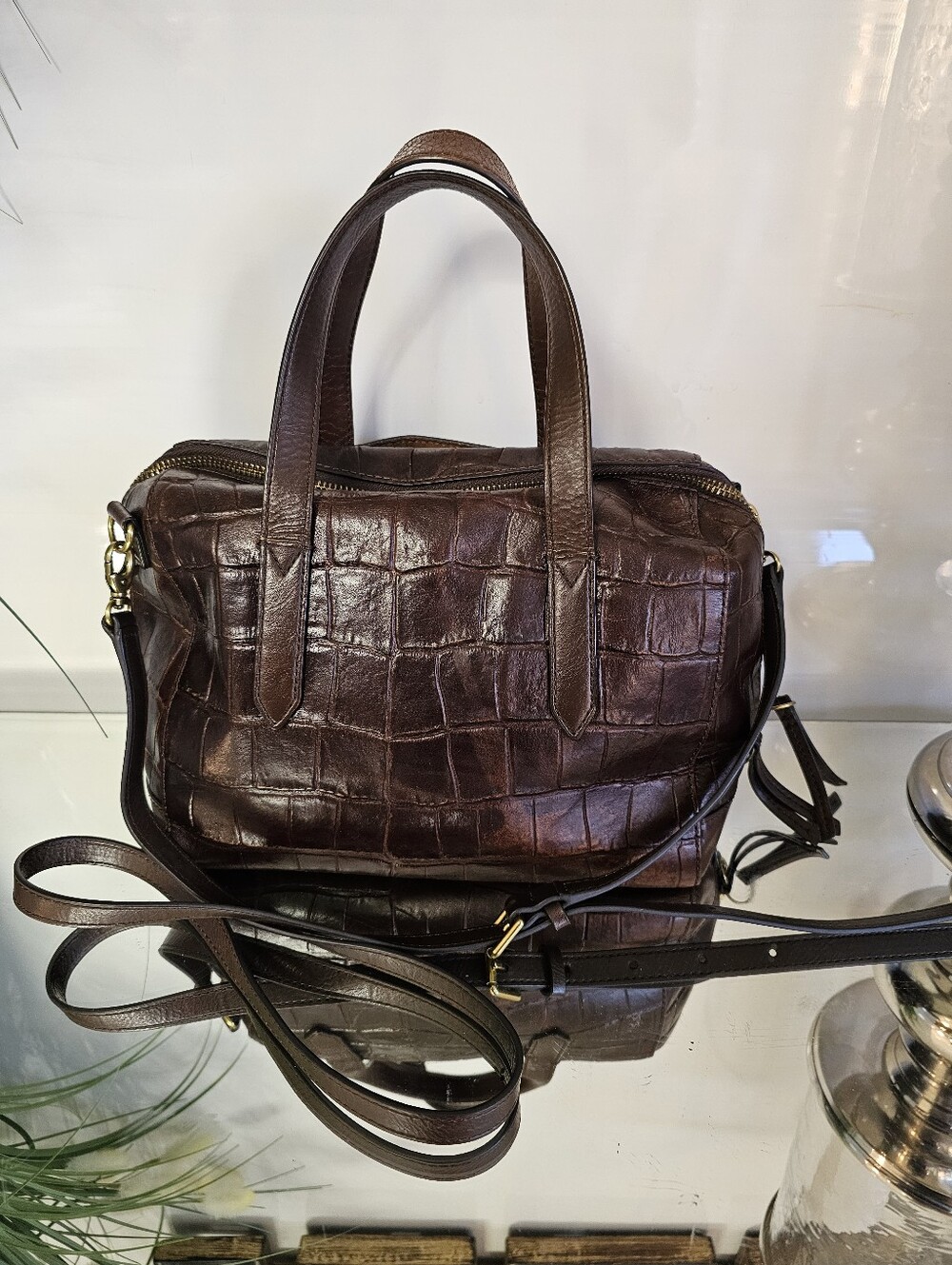 Fossil Sydney  Dark Brown Croc-Embossed Leather Satchel - Picture 11 of 12